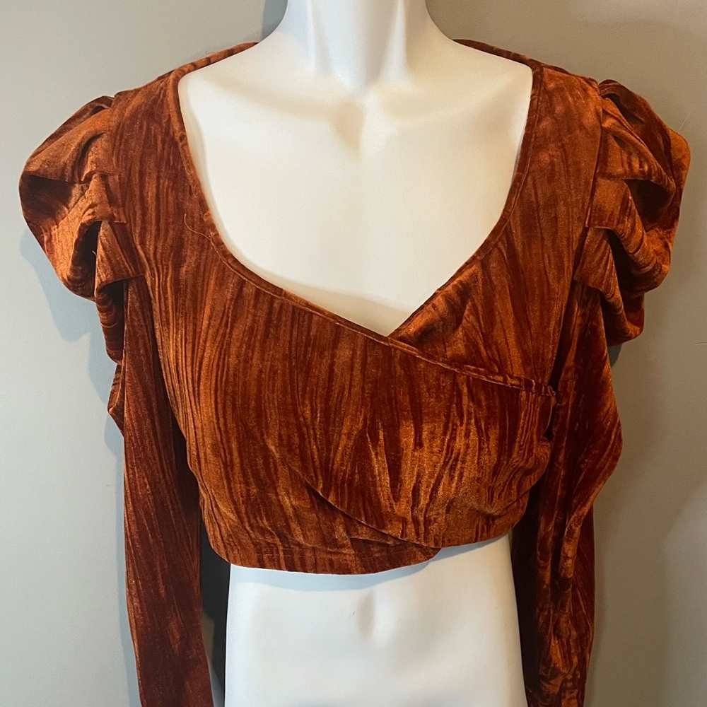 SHEIN Orange Puff Sleeve Asymmetrical Crop Blouse and midi skirt size 12